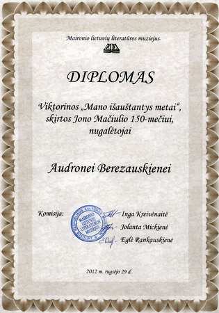 Diplomas viktorinos nugalėtojai Audronei Berezauskienei.